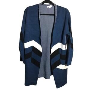 Autumn Skye Open Front Cardigan Chevron Print‎ Long Sleeve Knit Blue S